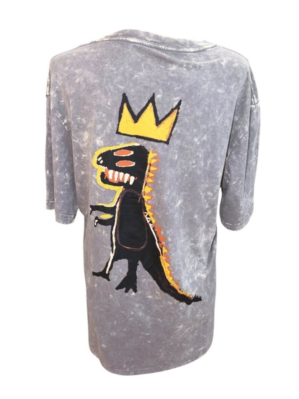 Jean-Michel Basquiat Acid Wash Graphic T-Shirt Gray Dinosaur Crown Design Men SM